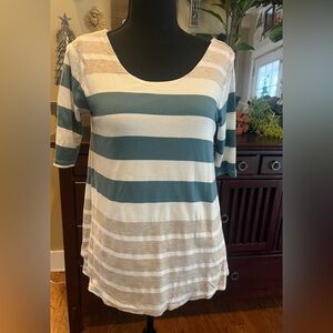 Anthropologie Puella Striped Teal and Beige Short Sleeve Top